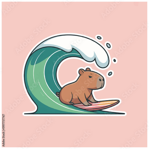 Capybara Riding Surfboard on Wave Surfing.
