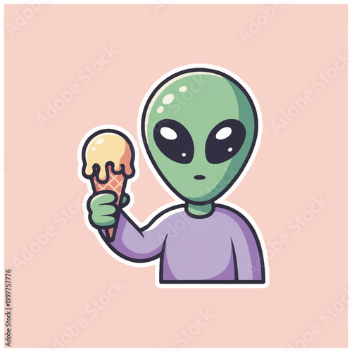 Alien eating ice cream cone sweet.