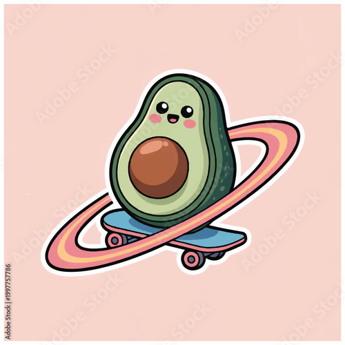 Cartoon Avocado Riding Blue Skateboard.