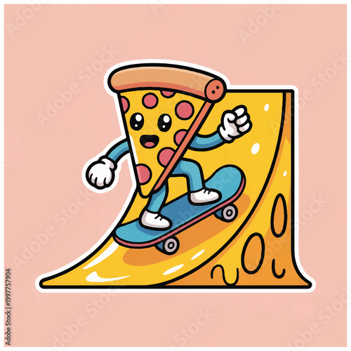 Cartoon pizza character on skateboard.