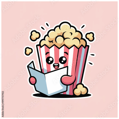 Cartoon popcorn bucket with smiling face.