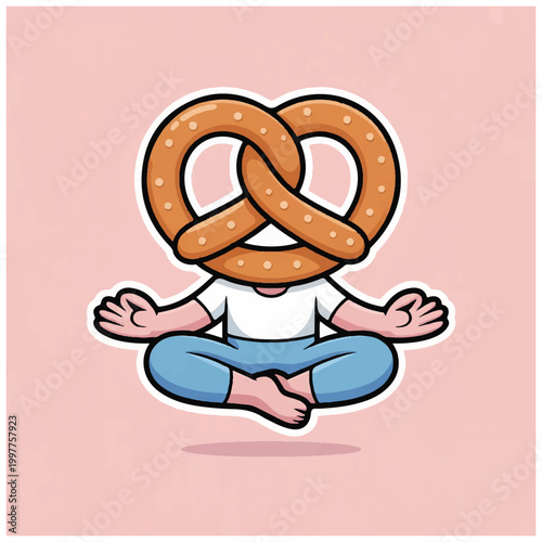 Cartoon pretzel character in meditation.