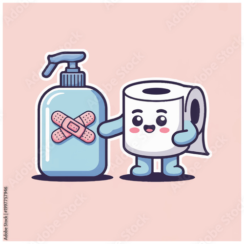 Cartoon toilet paper and hand sanitizer.
