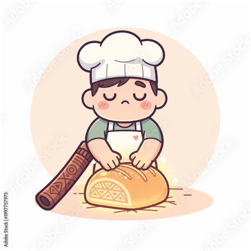 Cute baker boy making bread with a rolling pin.