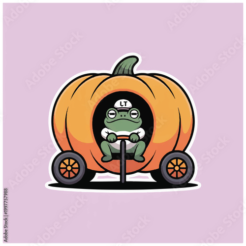 Frog wearing a helmet sitting in pumpkin.