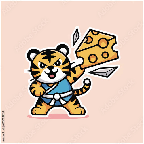 Tiger Cartoon Character Holding Cheese.