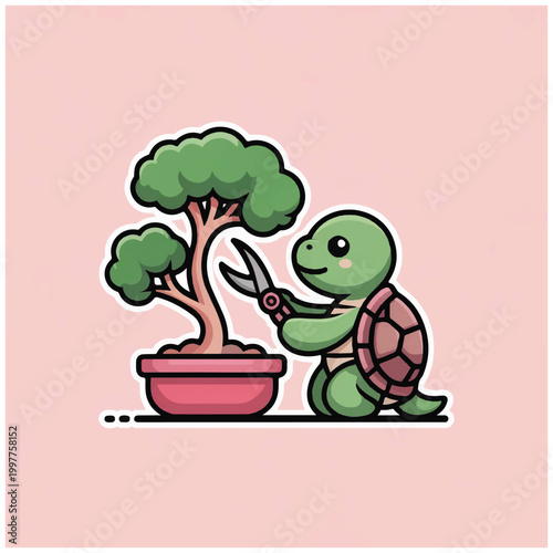 Turtle trimming bonsai tree with scissors.