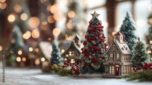 Miniature Christmas Village Display with Illuminated Houses and Snowy Christmas Trees