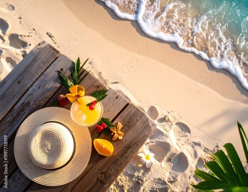 Relaxing Tropical Beach Scene with Refreshing Cocktail, Straw Hat, and Sunlit Sand Coastline with Clear Wave Foam for Vacation and Summer Getaway Themes