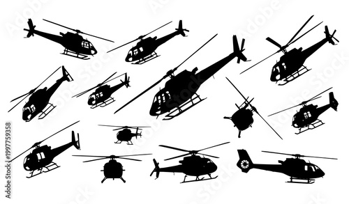 Dynamic helicopter silhouette collection with multiple angles and aviation aircraft shapes isolated on white background