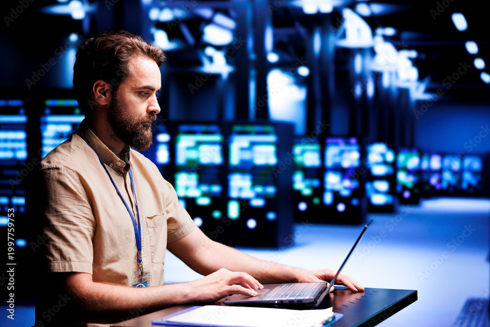 Fototapeta premium Computer scientist using laptop to patch up servers helping businesses manage databases, host websites and store files. Cloud computing business executive servicing supercomputers in data center
