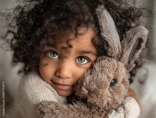 Girl hugging plush bunny with curly hair joy