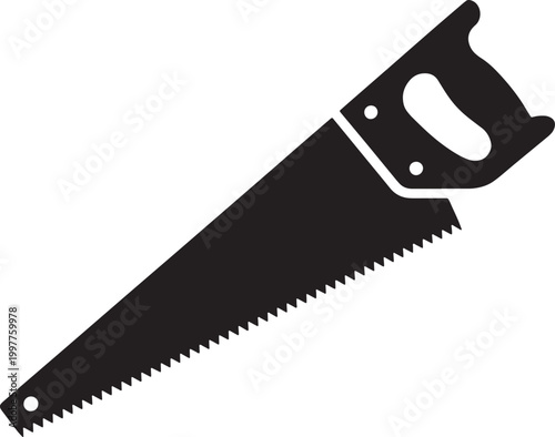Black silhouette of a hand saw with a wooden handle and sharp teeth on a white background