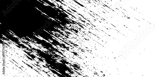 Abstract black ink splat design with a dark grunge texture and liquid paint splatter stains on an old dirty white background illustration