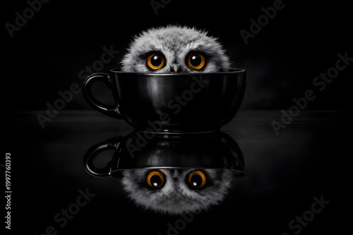 Curious owl peeking from a glossy black cup