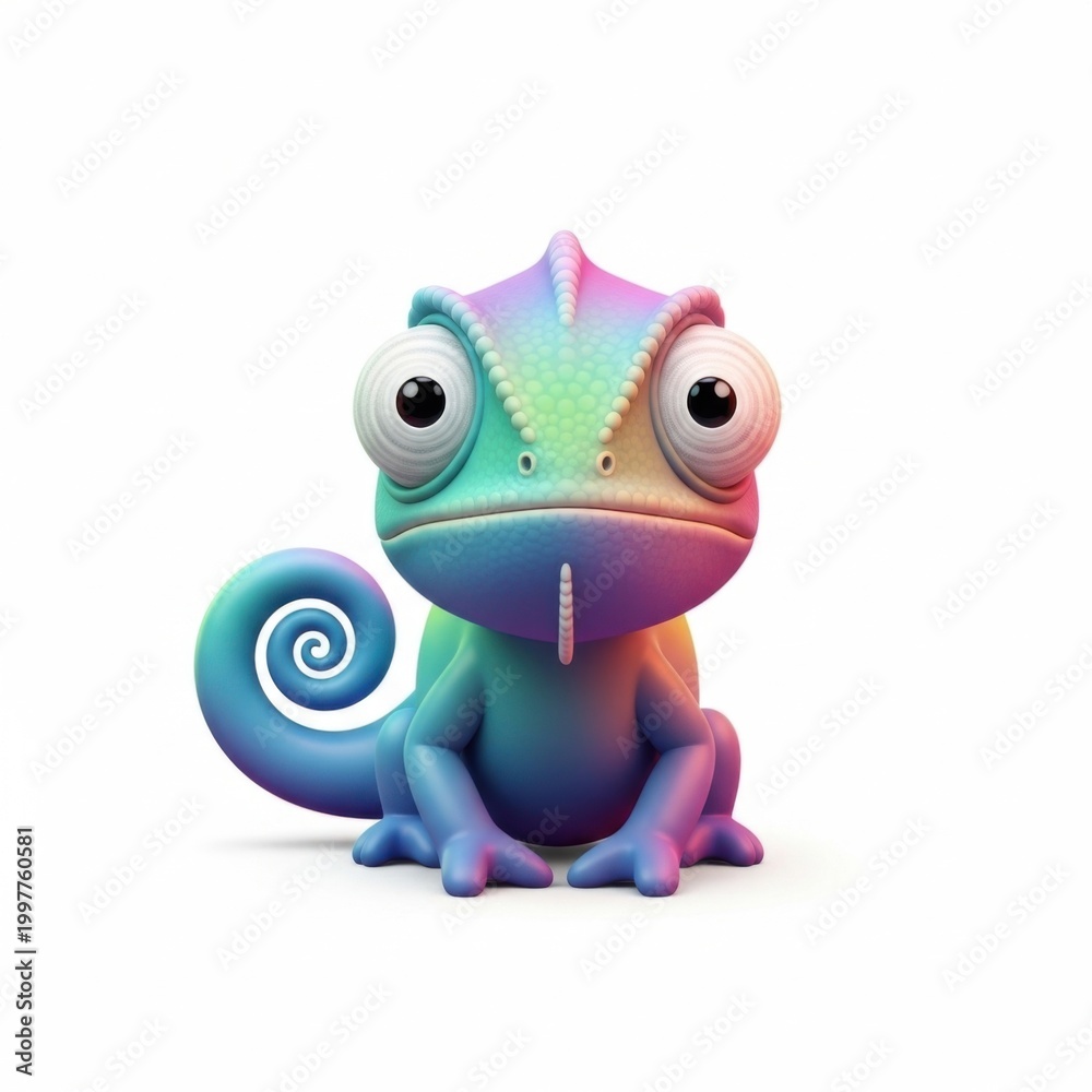 Fototapeta premium Adorable 3D Cartoon Rainbow Chameleon Character with Big Eyes, Cute Reptile Pet