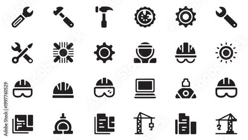 Construction site equipment and professional worker tools icons for engineering projects.