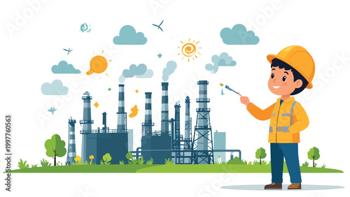 illustration of oil workers with an oil refinery center