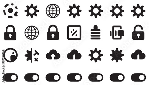 Collection of various settings and technology icons, including gears, globe, locks, and toggles.
