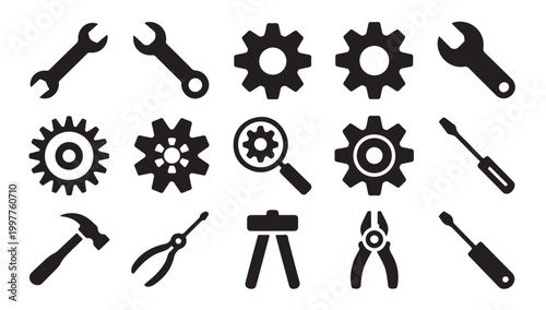 Set of engineering tools, spanner, wrench, gear and other instruments, black flat vector icons.