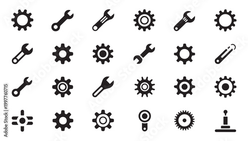 Variety of mechanic tools and setting icons including gears, wrenches, and other instruments.