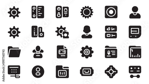 Computer and system icons for data management settings hardware and user profiles.