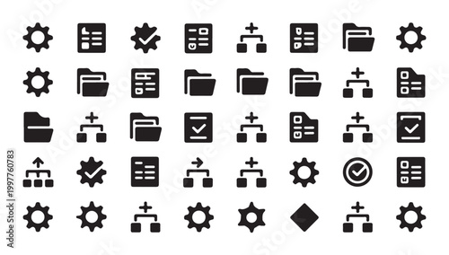 Minimalist black icon set for data organization file management and process automation tasks.