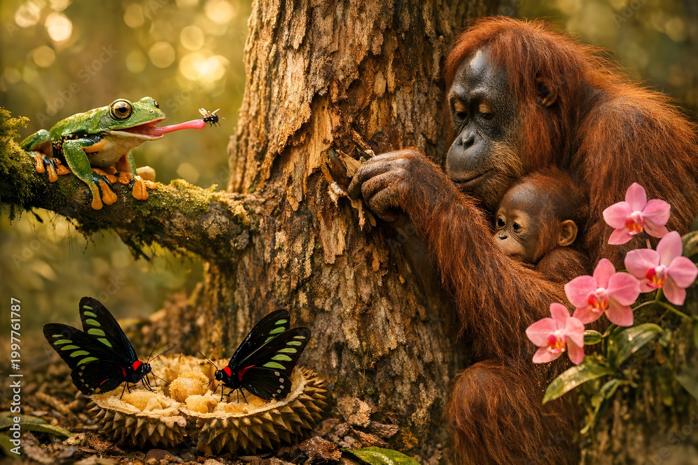 Obraz premium Jungle harmony: wildlife gathering by the forest tree