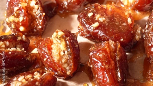 candied dates stuffed with nuts and pepper rotating on parchment paper top down