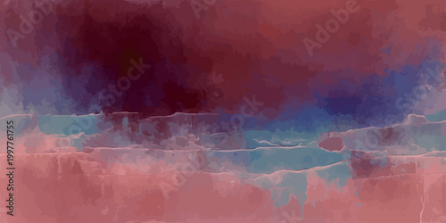 An abstract colorful watercolor painting of a dark storm sky with clouds and blue smoke textures reflecting over a deep green sea at night