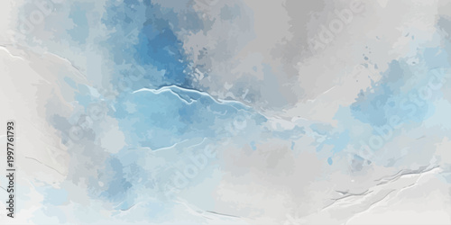 A beautiful abstract watercolor background depicts a bright summer day with fluffy white clouds drifting across a textured blue sky to capture the light and airy beauty of a serene nature atmosphere