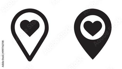 Location pin with heart symbol icon for favorite places and romantic destination markings.