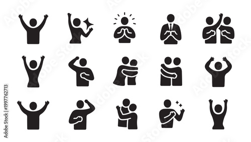 Emotional human gestures and hugging icons depicting love care friendship and togetherness.