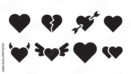 Heart and broken heart shapes icons set. love and emotion symbol collection with diverse forms.