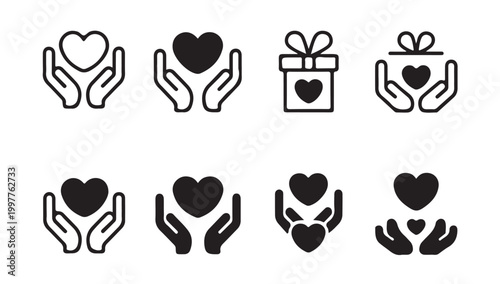 Hands holding heart and gift box icons set. charity donation and give love symbol collection.