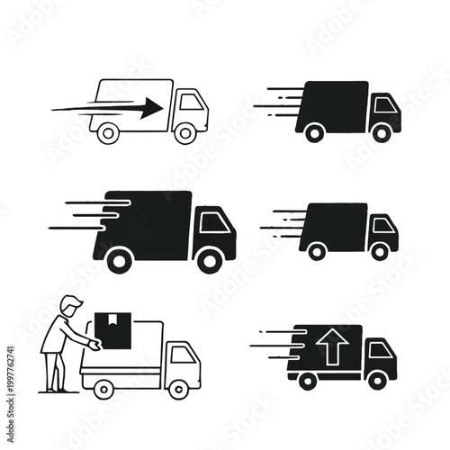 Delivery trucks in motion and a person loading a package