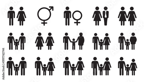 Family icons set male female adults and children parents love relationship vector.