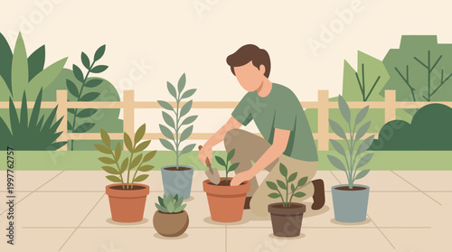 Person tending potted plants on a sunny patio garden setup with assorted pots.