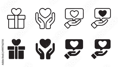 Heart gift box and hands holding heart icons for donation and charity vector.