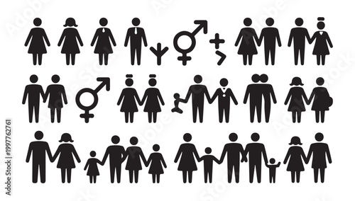 Family icons set people man woman child parents love relationship vector silhouette.