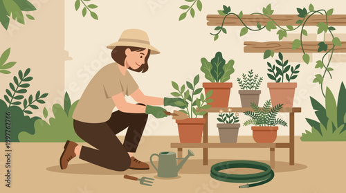 Gardener kneeling by potted plants, watering and organizing a small garden space.