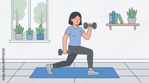 Woman performing a weighted lunge in a bright home fitness setup with plants and a blue mat.