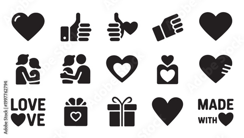 Set of romantic heart icons with couples and thumb up gestures for social media and branding.