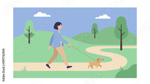 A Person Walks a Dog Along a Serene Park Path.