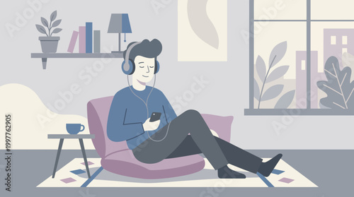 Relaxed person lounging at home on a bean bag with devices in a cozy living room setting.