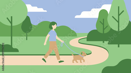 Calm park landscape with a person walking a small dog along a winding path.