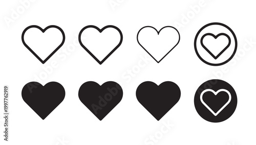 Heart icon collection featuring outline, solid, and circled heart designs, black vector symbols.