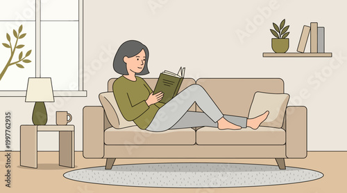 Calm indoor living room scene with a person relaxing on a sofa and reading a book.
