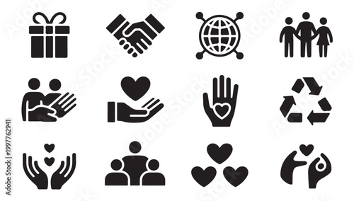Set of icons depicting charity, kindness, and community collaboration.