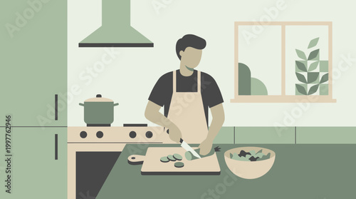 Illustration of a man cooking in a modern kitchen, chopping vegetables for a meal in a busy culinary scene.